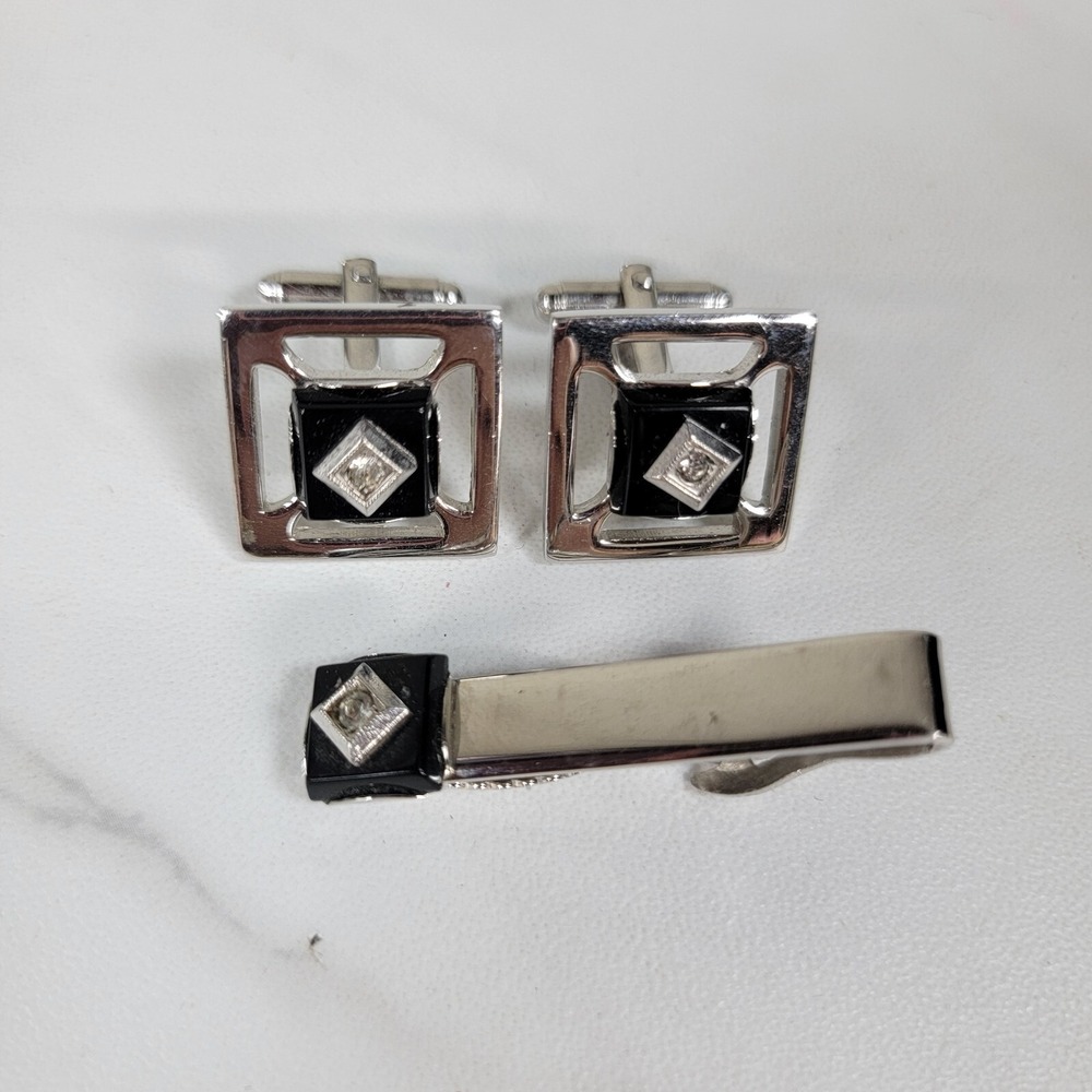 Vintage Signed Flex-let Black and Silver Tone Cuff Links With Rhinestone